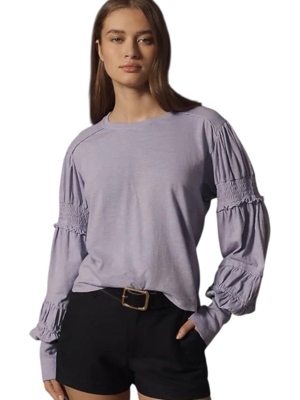 Pilcro Crewneck Ruched Smocked Puff Sleeve Top Women's‎ XL Lilac Cotton